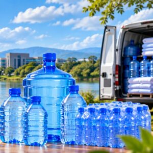 A delivery van loaded with drinking water and fresh laundry.