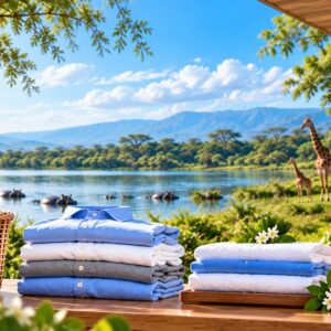 Folded shirts and towels ready after a laundry service wash.