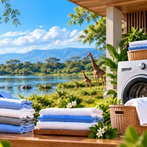 Neatly folded laundry beside a washing machine and basket.