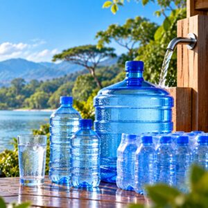 Refill bottles and a large drinking water container by the lake.