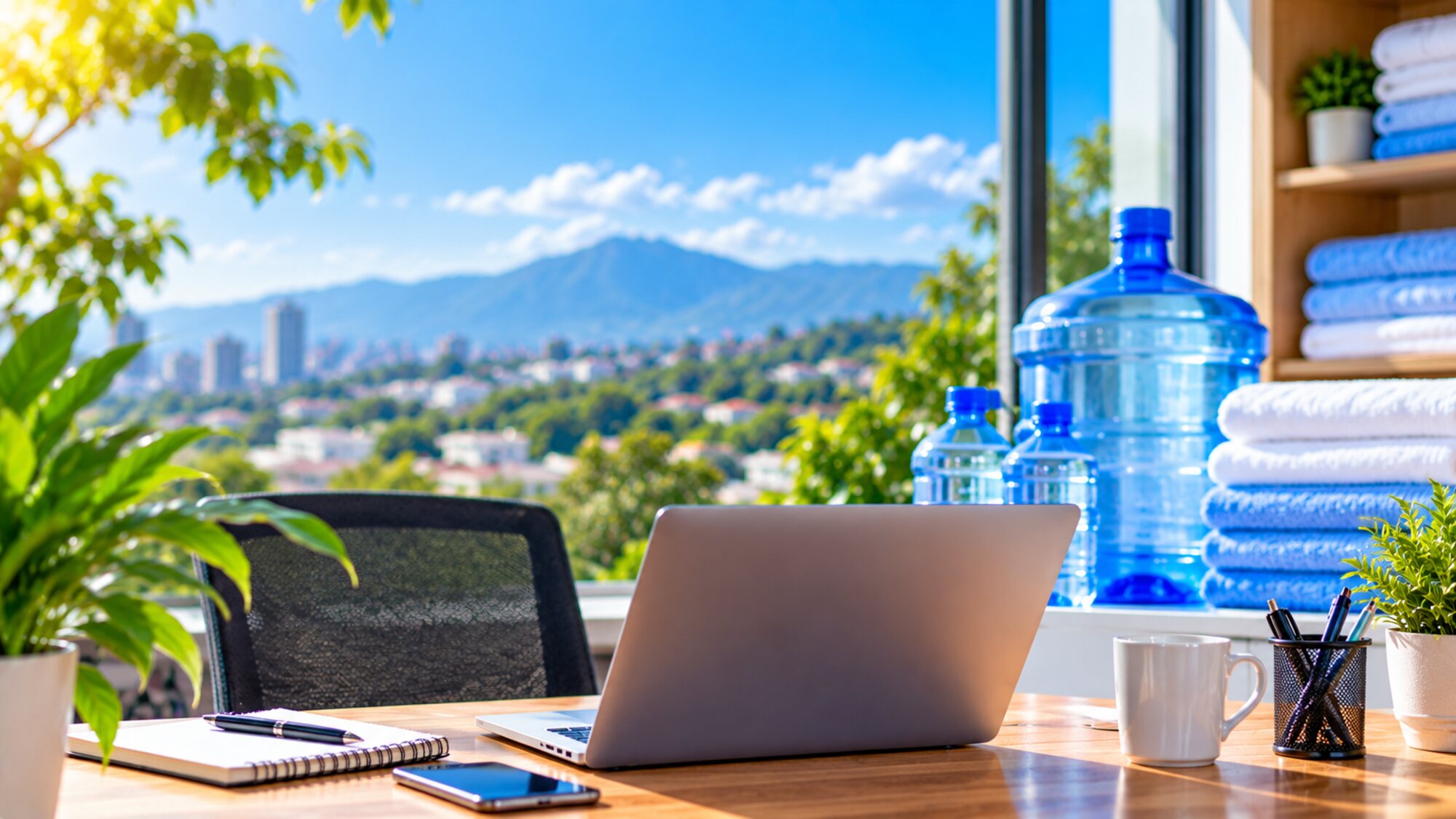 A desk with a laptop and notebook beside drinking water bottles and folded towels, overlooking the city.