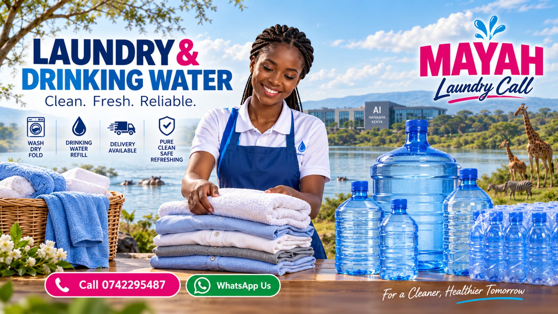 Mayah Laundry Call: laundry, wash dry fold, drinking water refill and delivery. Clean, fresh and reliable.