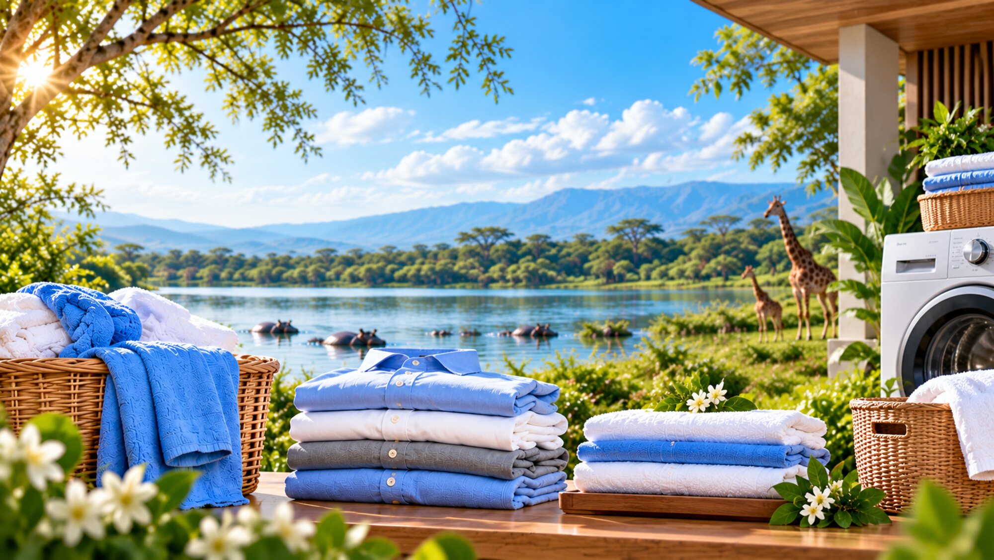 Freshly folded shirts and towels in wicker baskets beside a washing machine, with a lake and giraffes behind.
