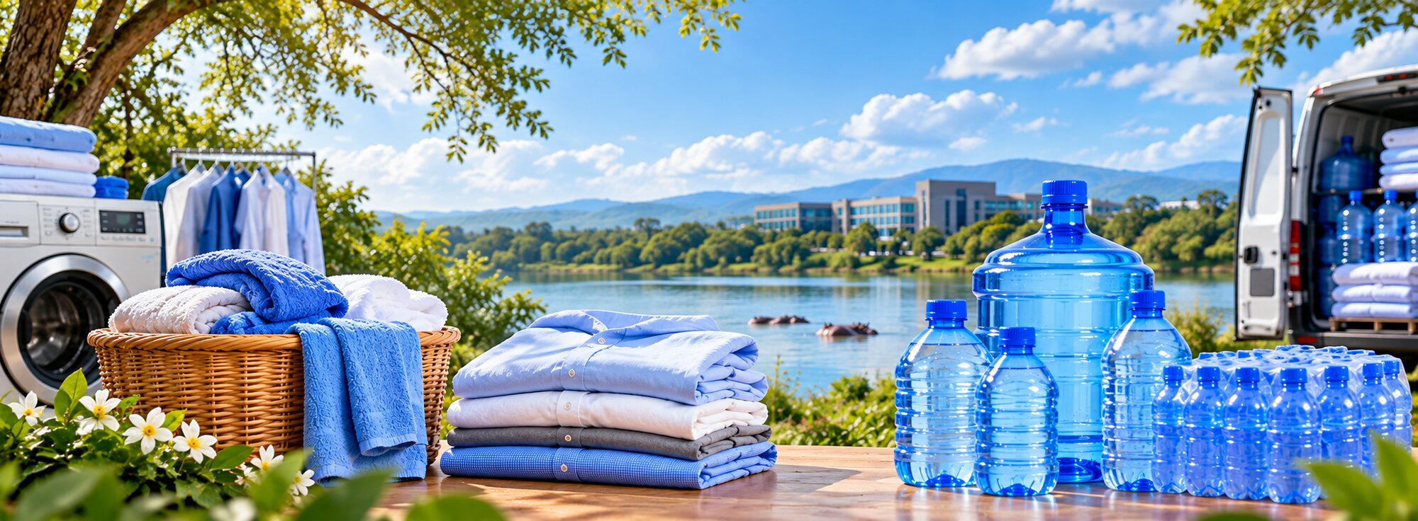 Washing machine, folded laundry, towels in a basket, drinking water bottles and a delivery van by the lake.