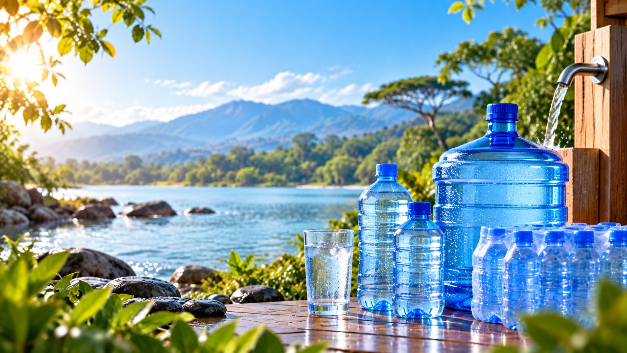 Bottles and a large refill container being filled with clean drinking water, beside a glass of water and a lake.
